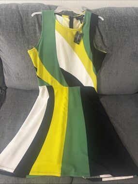 Colorblock Fit & Flare Dress in Green, Yellow, White and Black